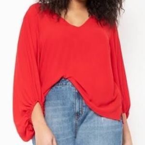 Eloquii Drama Blouse Red V Neck Puff Sleeve